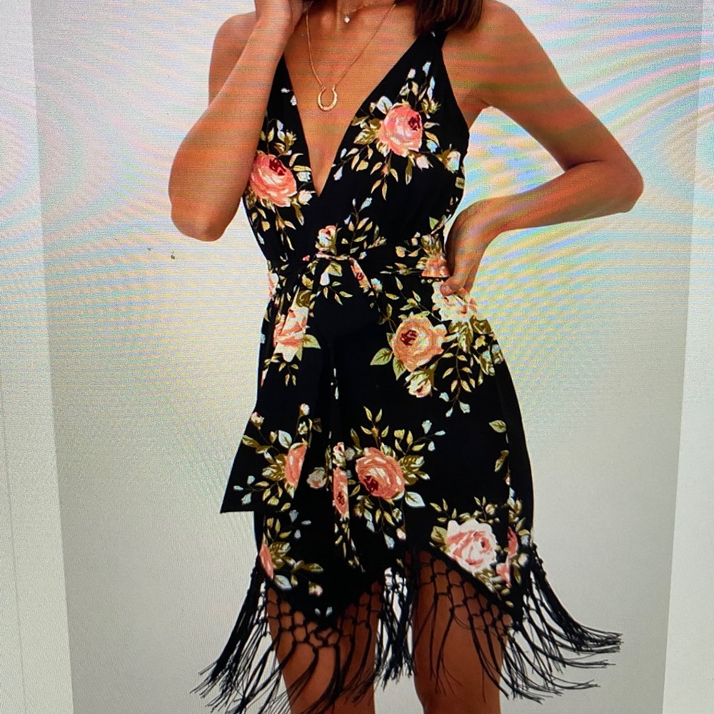 Black Floral tassel midi dress